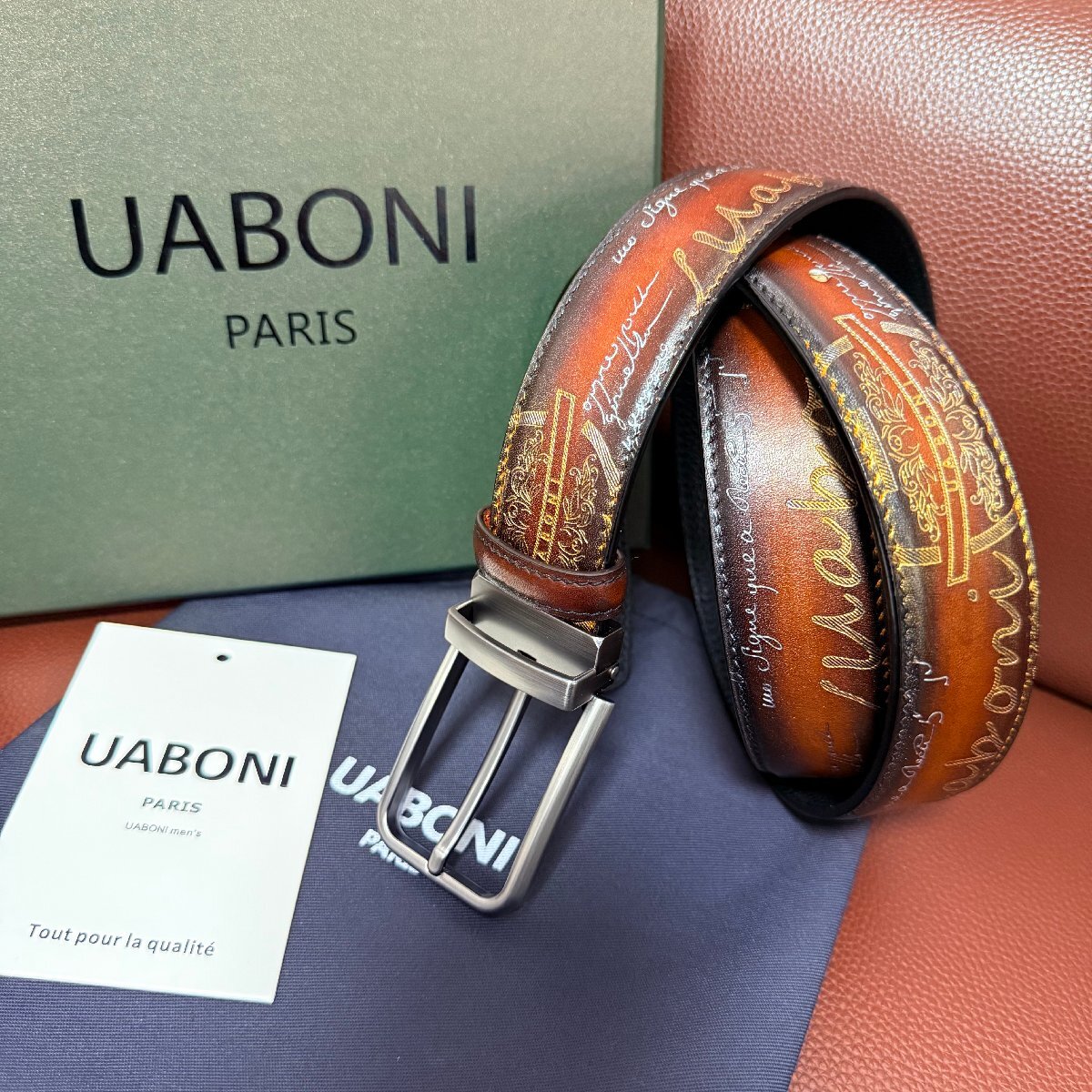 貴重品 EU製◆Uaboni*ユアボニ*幻のパティーヌ*ベルト◆本革 レザー カーフスキン 手染 手彫り ゴールデン 調節可能 ビジネス 紳士 ギフト拍卖