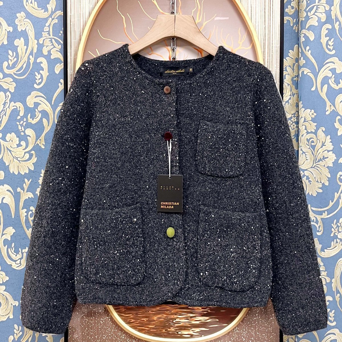 christian milada・ミラノ発・ジャケット★ウール混 暖かい ソフト キラキラ 上品 華やか アウター コート レディース 秋冬 M/36拍卖