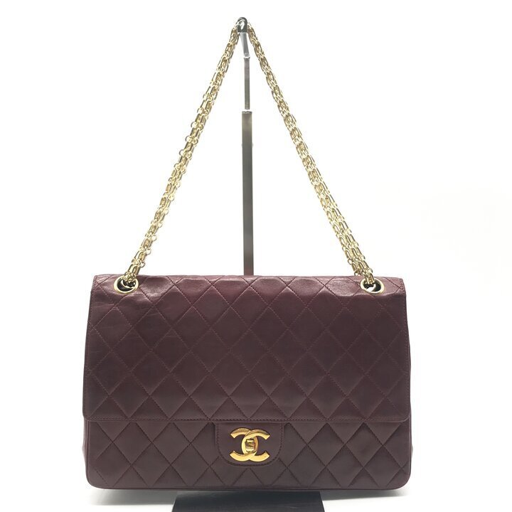 1円 良品 CHANEL シャネル ココマーク マトラッセ Wフラップ ターンロック レザー ヴィンテージ ショルダー バッグ ボルドー y226拍卖