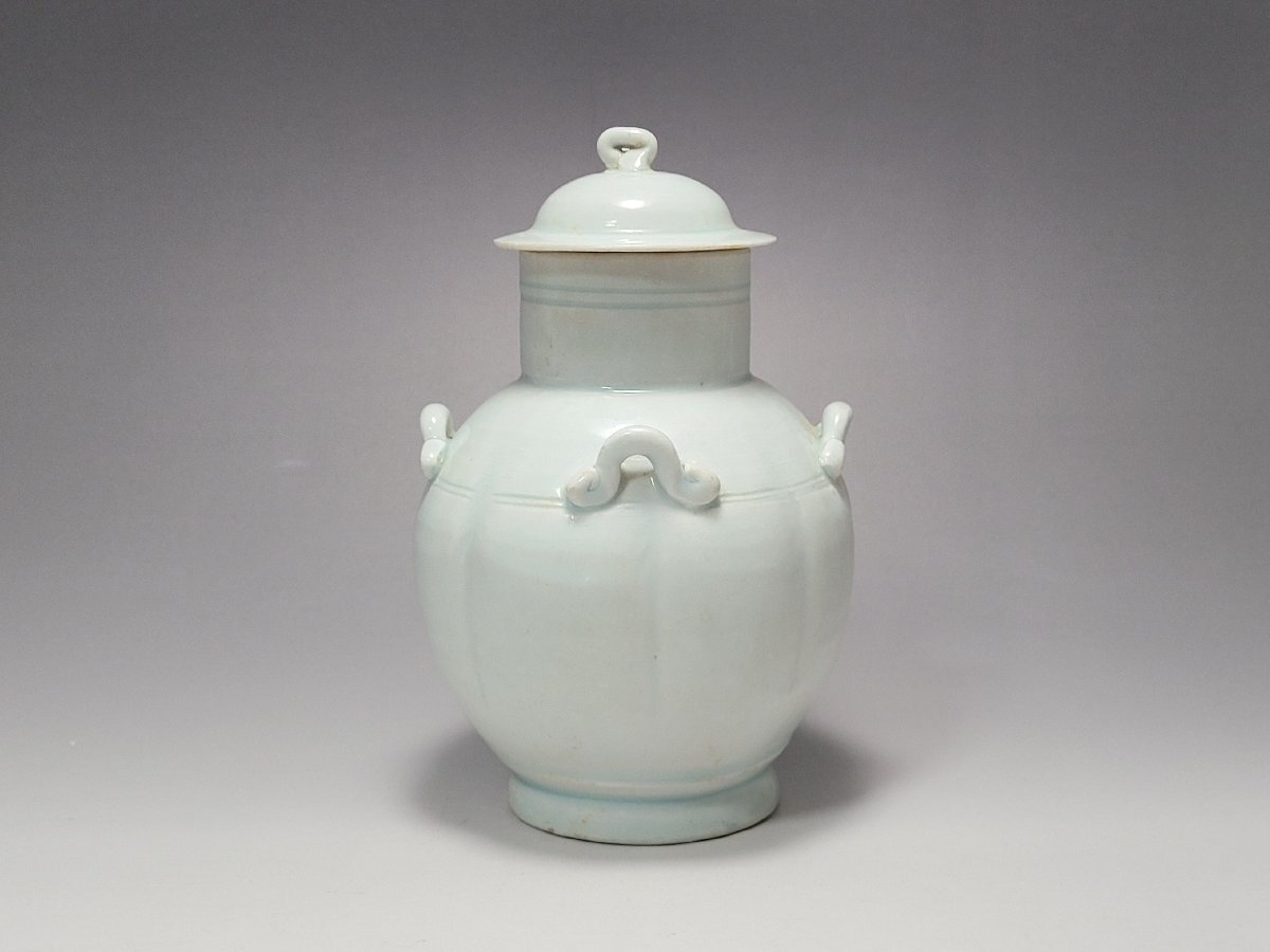 青白釉 四耳 南瓜型 蓋壷 時代唐物 高さ約16.1cm / 茶道具 煎茶道具 茶器 花瓶 花插 人間国宝 李朝 高麗 唐物 古玩 古董拍卖