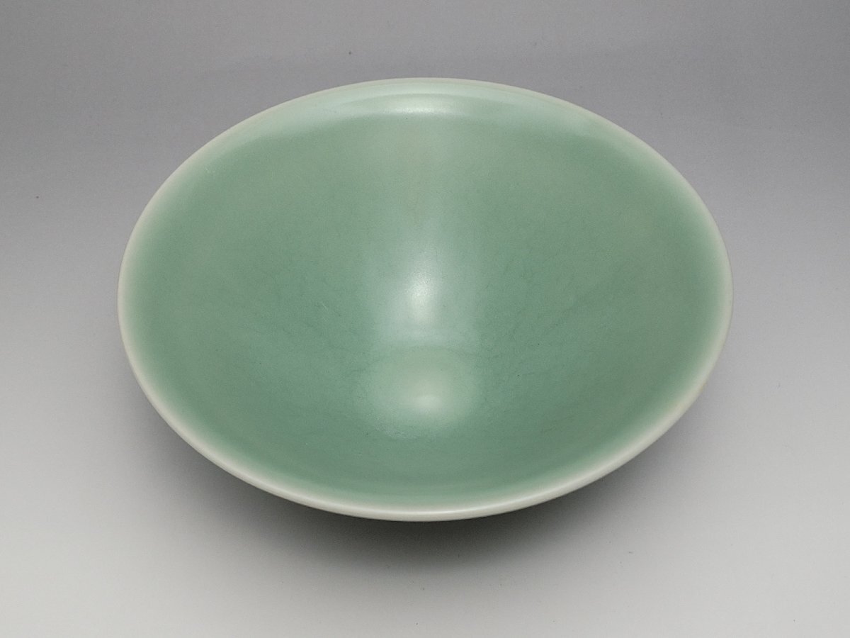 青磁 翡色茶碗 時代唐物 幅約14.4cm / 宋元時代 花瓶 飾瓶 花插 花器 唐物 人間国宝 李朝 高麗 古玩 古董拍卖