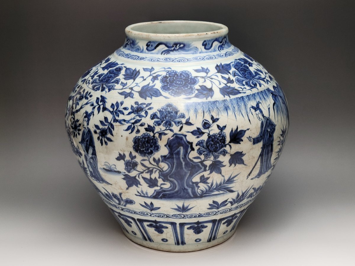 染付 草花 人物故事紋 大壷 時代唐物 幅約35.1cm / 元明時代 花瓶 飾瓶 花插 花器 唐物 人間国宝 李朝 高麗 古玩 古董拍卖