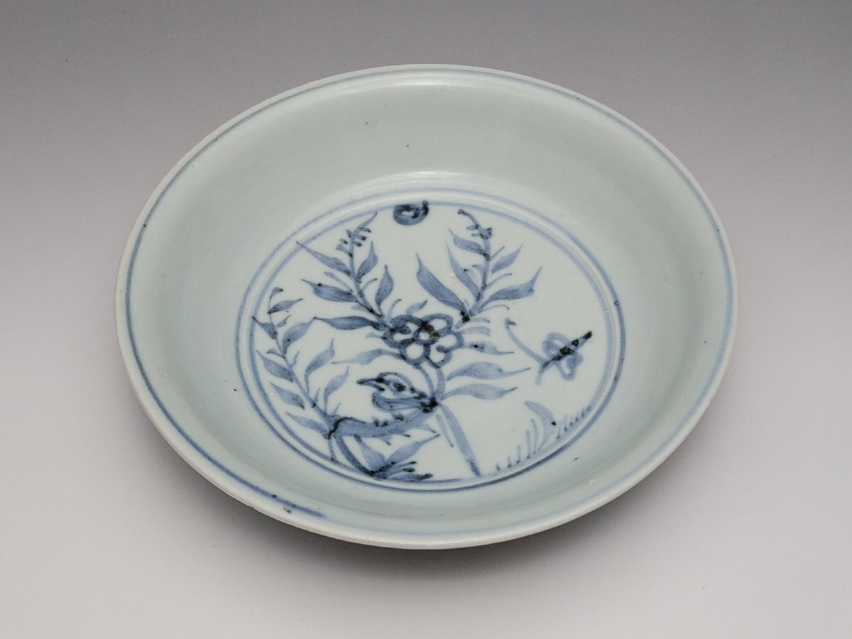 染付 草花虫鳥紋 皿「福」銘 時代唐物 幅約15.8cm / 明清時代 盤 皿 手塩皿 浅盤 陶瓷器 唐物 人間国宝 李朝 高麗 古玩 古董拍卖
