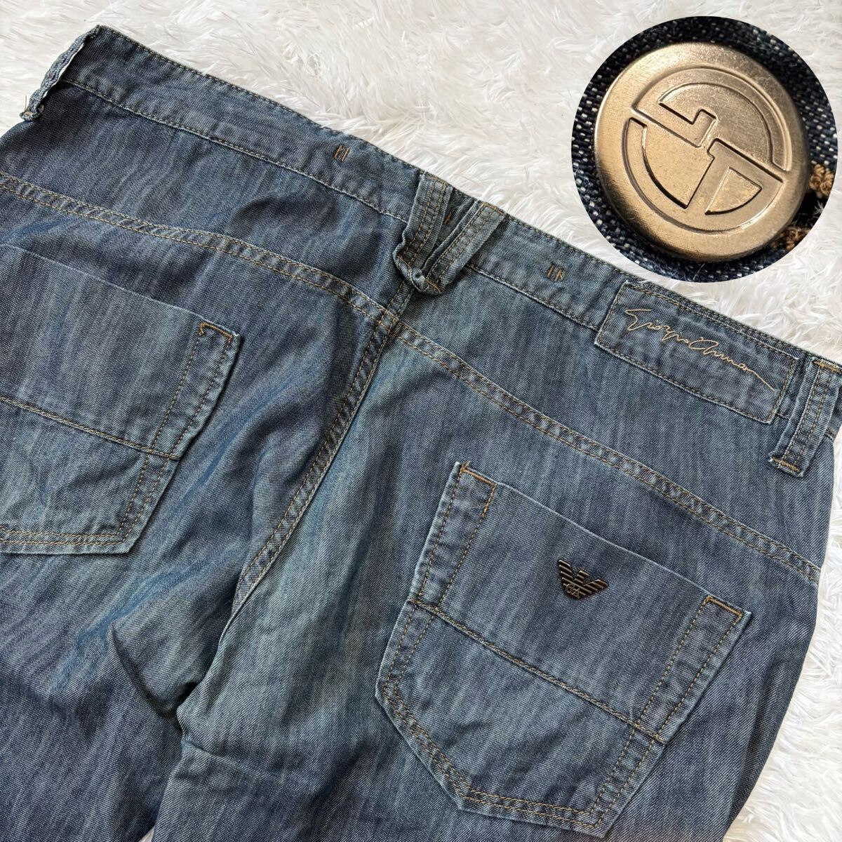 極美品/幻の極上リネン!!!/規格外4L相当!!!◎GIORGIOARMANI ジョルジオアルマーニ デニムパンツ ロゴ金具 ジーパン 薄手 38 夏 刻印 サマー拍卖