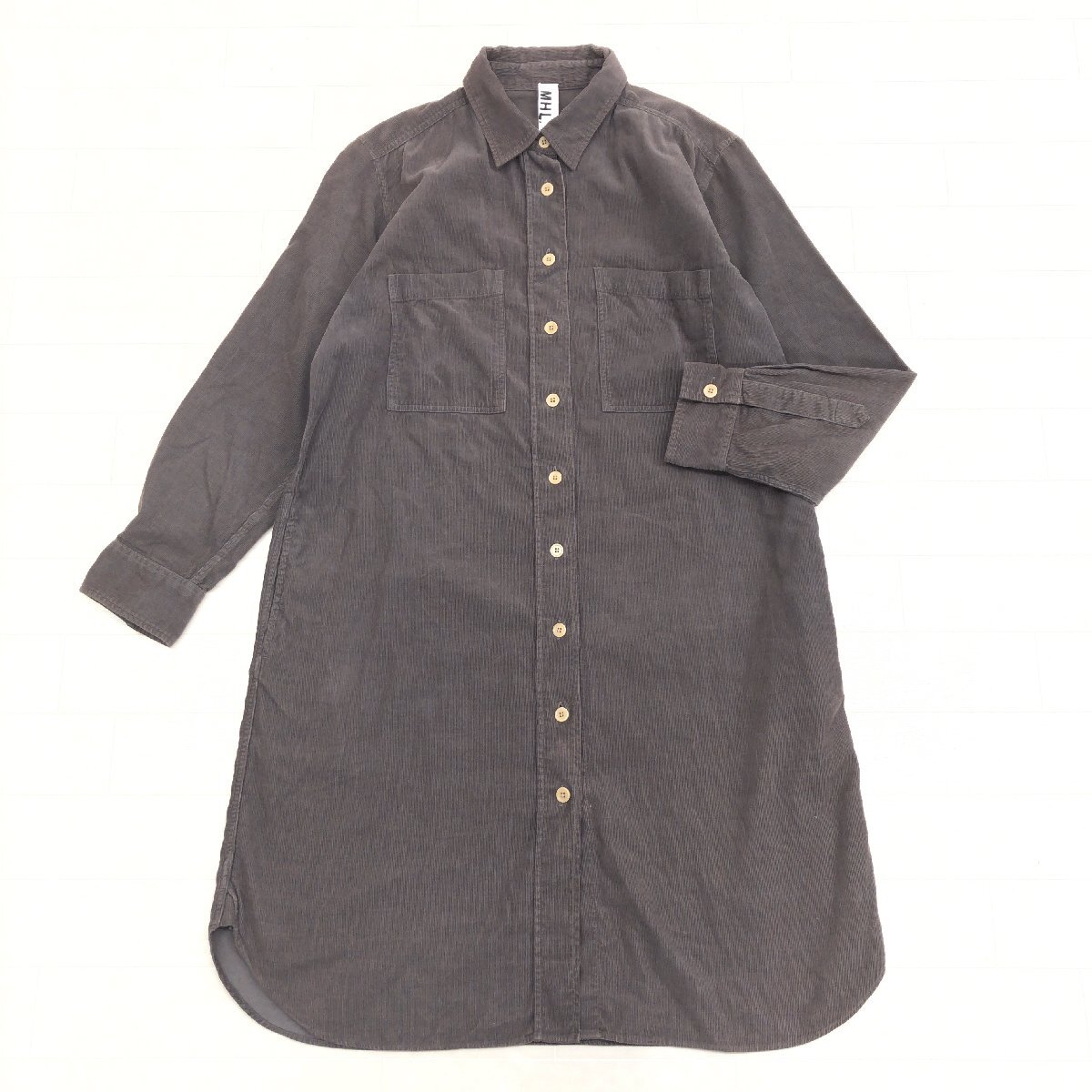 ●MHL. マーガレットハウエル 定価33,900円 コーデュロイ ロングシャツ ワンピース 2(M) チャコールグレー 日本製 チュニック レディース拍卖