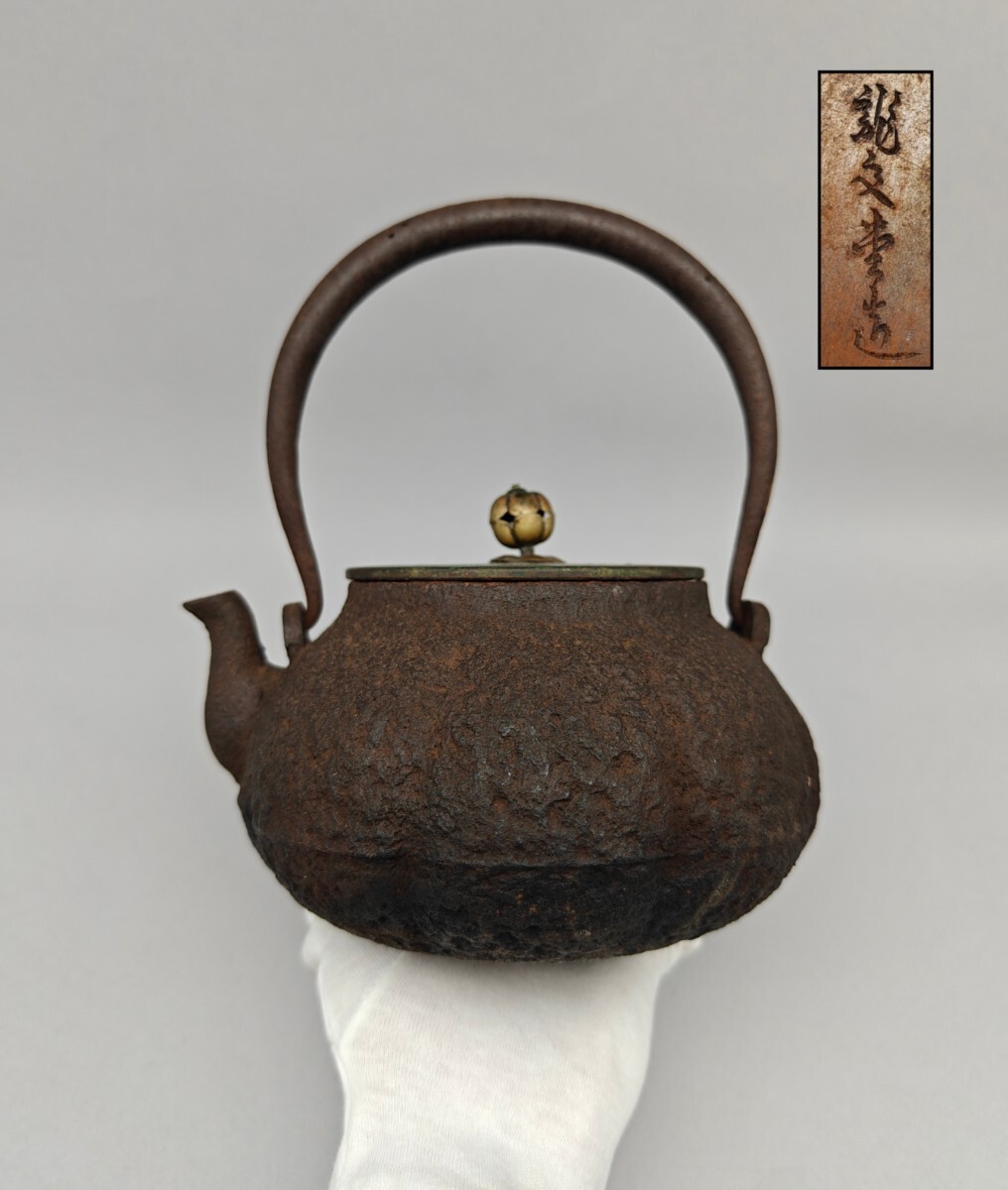 【懐】鉄瓶 龍文堂造 湯沸 細工手摘 姥口 銅蓋 美術品 時代物 古美術品 煎茶道具 AM-059拍卖
