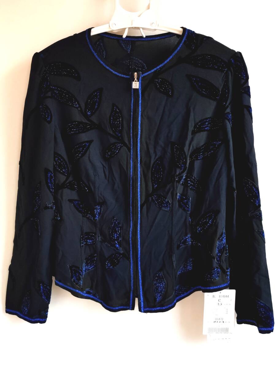 L39 新品 伊太利屋 13号 ラメ葉柄 ジャケット 黒 日本製 フォーマル ストレッチ 肩パッド付き拍卖