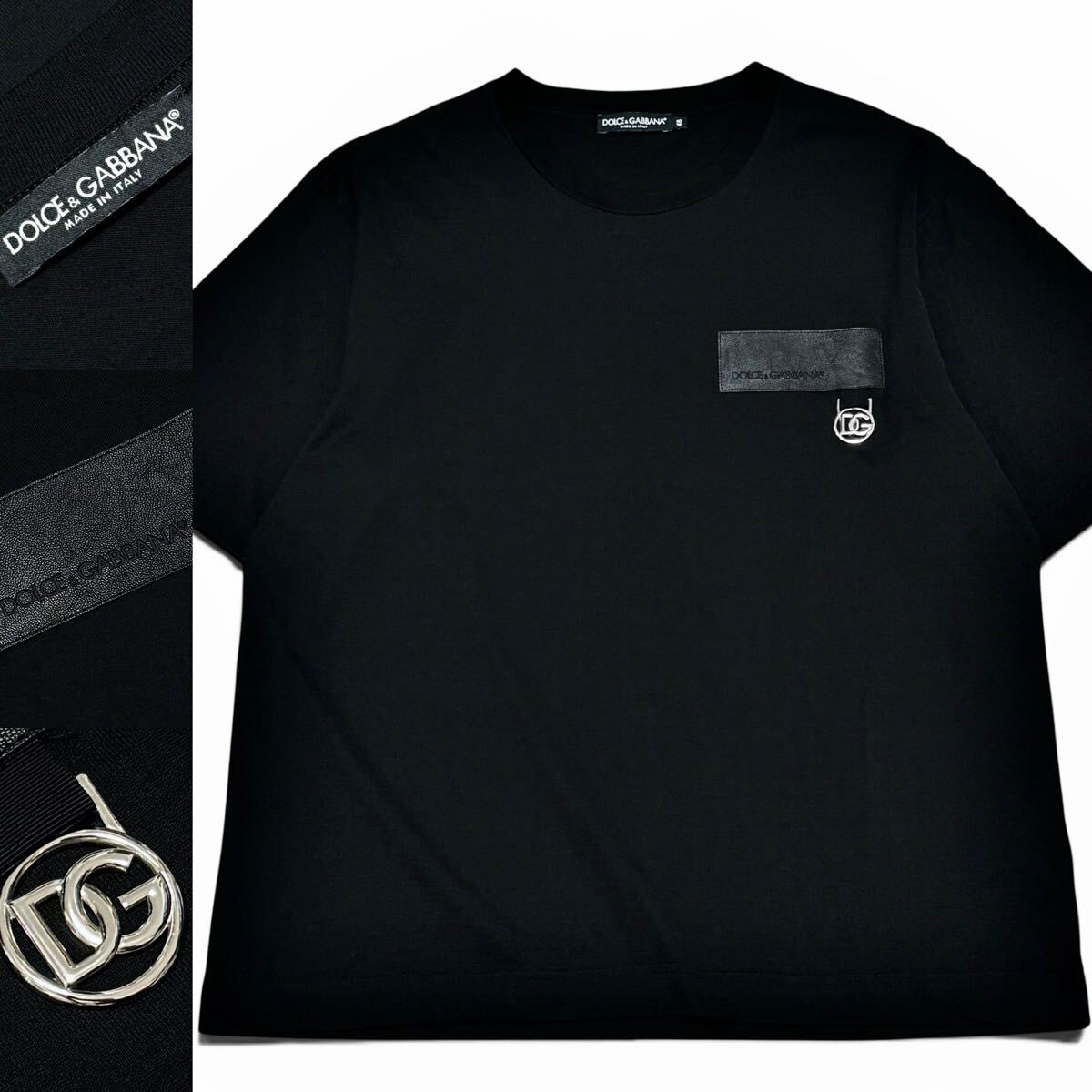 極美品!!最高峰DGシルバー金具×レザーパッチ!!DOLCE&GABBANA ドルチェアンドガッバーナ 半袖 クルーネック Tシャツ ロゴ 黒 48 イタリア製拍卖