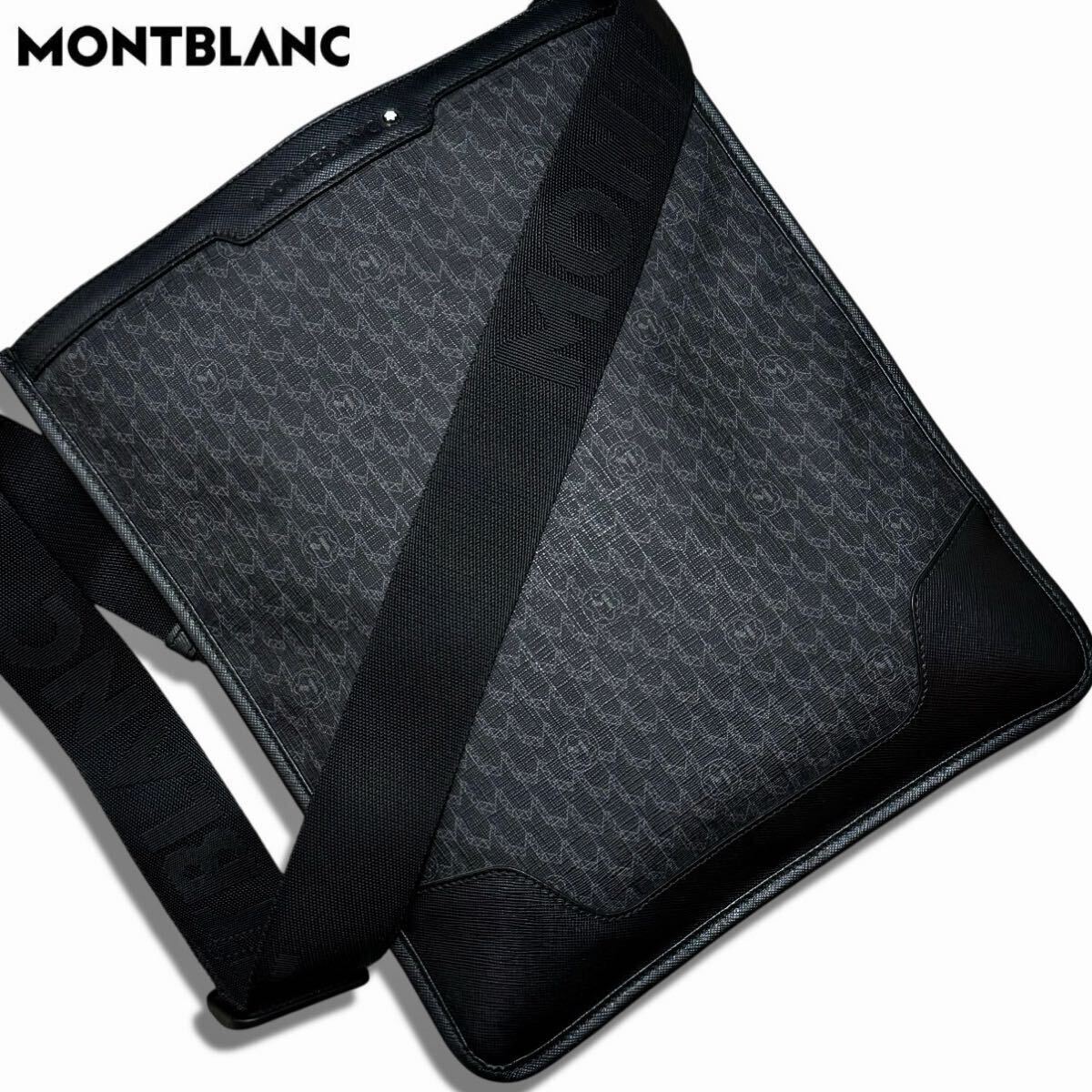 極美品 MONTBLANC モンブラン イタリア製 シグネチャーロゴ ショルダーバッグ クロスボディ 斜め掛け 大容量 レザー 本革 PVC ブラック 黒拍卖