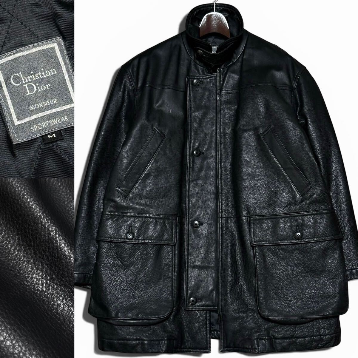 極美品!!最高級カーフレザーの重厚な質感と品格 Christian Dior クリスチャン ディオール レザージャケット カーコート 牛革 M ブラック 黒拍卖