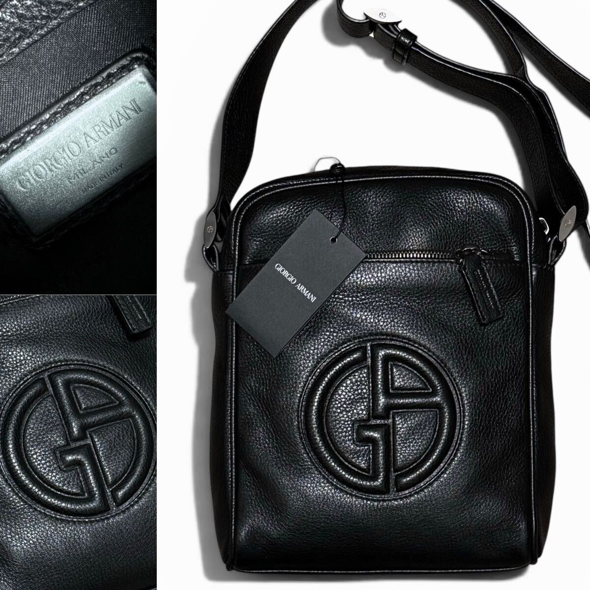 定価28万!!最高峰ペブルドレザーエンボスGAロゴ!!GIORGIO ARMANI ジョルジオアルマーニ ショルダーバッグ クロスボディ 斜め掛け 黒 メンズ拍卖