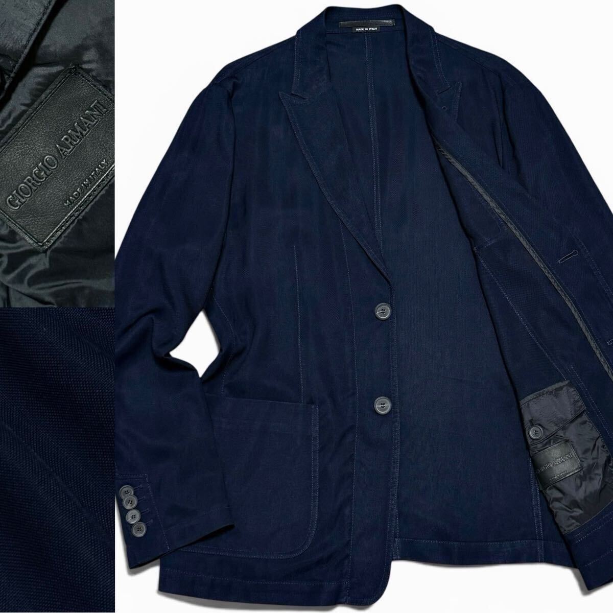 定価55万!!最高峰シルク級の極艶!!キュプラ100% GIORGIO ARMANI ジョルジオアルマーニ テーラードジャケット 軽量 ネイビー 50 革タグ 春夏拍卖