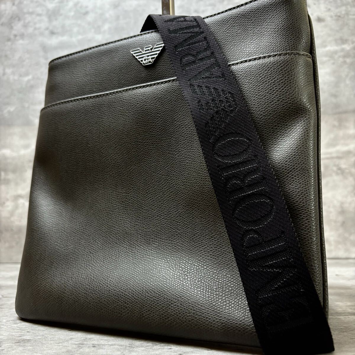 《希少色/極美品》 EMPORIO ARMANI エンポリオアルマーニ メンズ ショルダーバッグ 斜め掛け 紳士 ビジネス イーグルロゴ レザー グレー拍卖