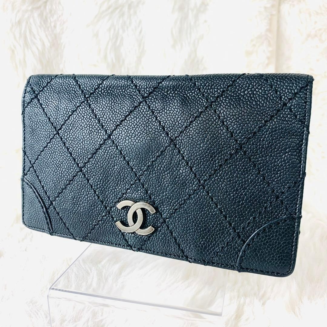 CHANEL シャネル ワイルドステッチ キャビアスキン 長財布 ロングウォレット ココマーク ブラック拍卖