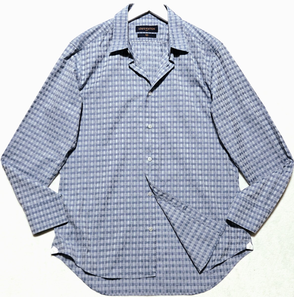 極美品/L/現行 LOUIS VUITTON 長袖 ドレスシャツ ボタンダウン モノグラム 総柄 チェック ダミエ ルイヴィトン メンズ 青 ブルー ビジネス拍卖