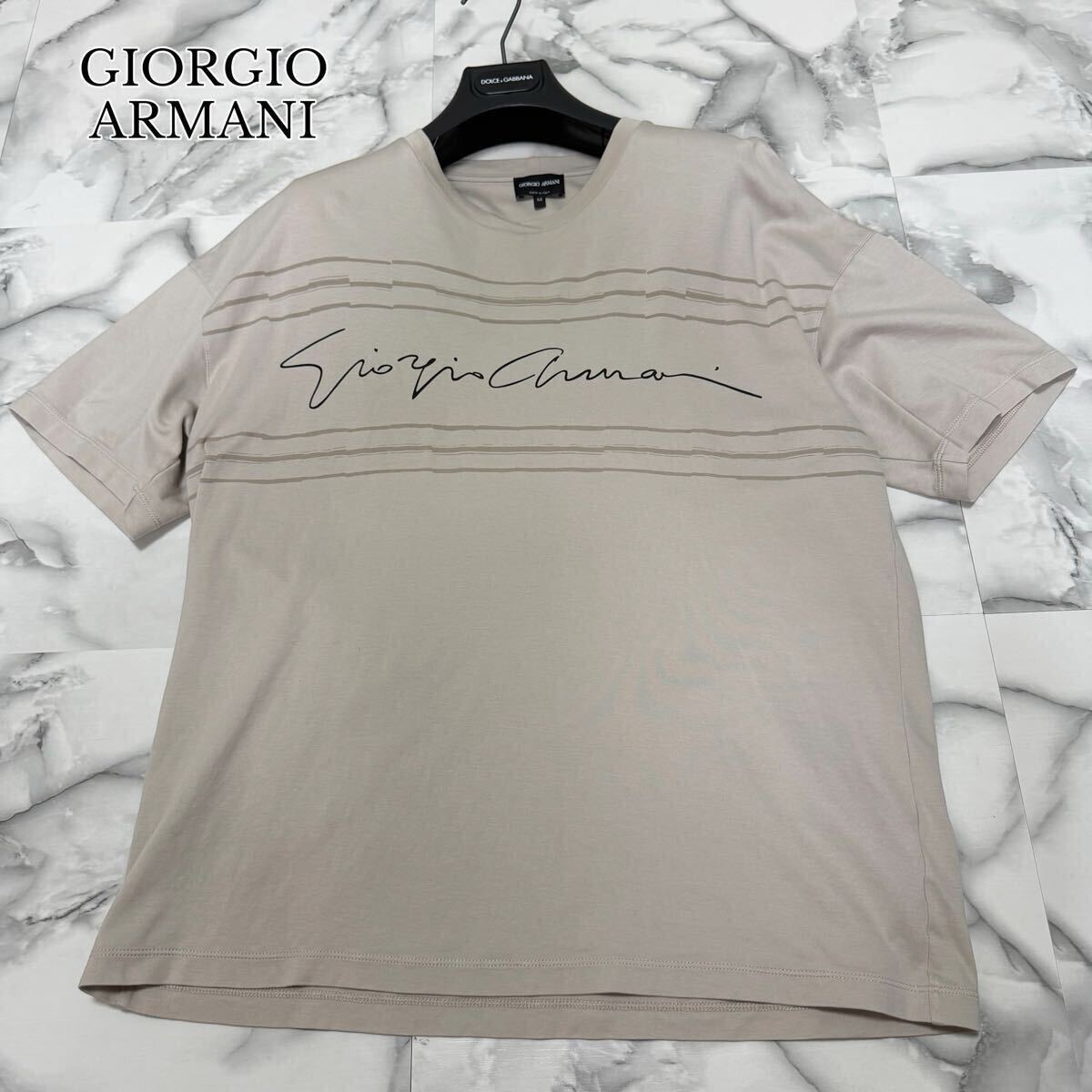 希少XL!ジョルジオアルマーニ GIORGIO ARMANI 黒タグ ロゴプリント 半袖Tシャツ カットソー クルーネック イタリア製 50 LL 近年 ベージュ拍卖