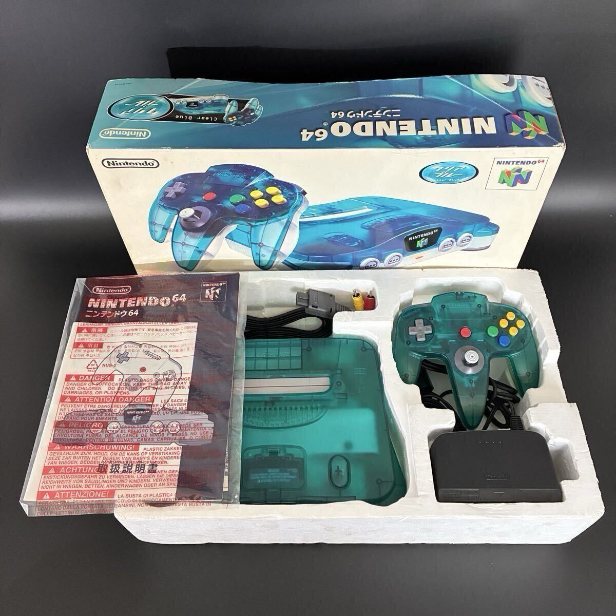 【1円スタート】希少! 良品 NINTENDO64 ニンテンドウ64 本体 クリアブルー 箱・説明書・付属品完備 動作確認済み NUS-001 N64拍卖