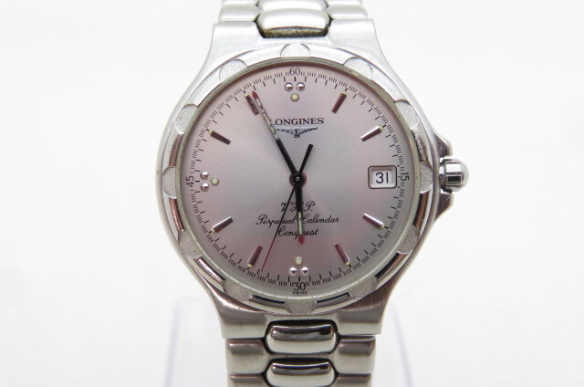 1円~LONGINES ロンジン V.H.P. Conquest コンクエスト L1.627.4 パーペチュアルカレンダー メンズ クオーツ 腕時計 デイト シルバー 6-3-9拍卖