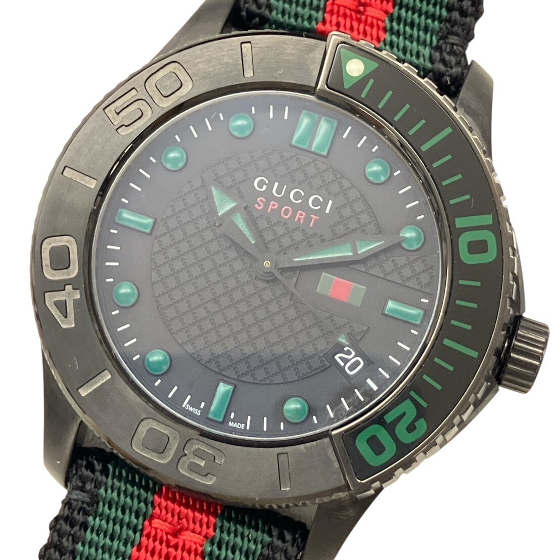 D003-M26-2432 GUCCI グッチ メンズ腕時計 Gタイムレス 126.2 QUARTZ ラウンド SS シェリーライン デイト 回転ベゼル ケース付き KA拍卖