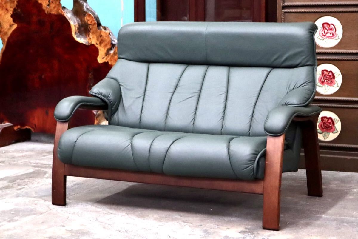 GMJK130B○冨士ファニチア / FUJI FURNITURE 2人掛けソファ ラブソファ ハイバック 椅子 チェア 本革 曲木 ヴィンテージ 国産家具拍卖