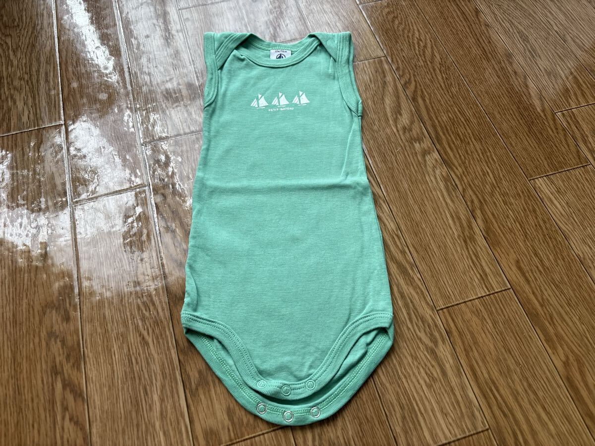 【PETIT BATEAU】プチバトー☆無地緑ノースリーブボディ肌着12m/74cm☆ベビーキッズ新生児出産祝いオーガニックコットン拍卖