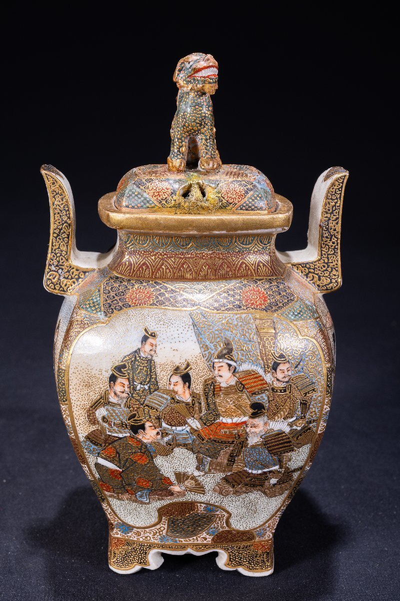 【珍品堂】1円から 薩摩焼 金襴手 人物図 獅子摘香炉 三足香炉 色絵 金彩 飾壺 茶道具 時代物 骨董品 古美術 H16cm M-C70S-SR5拍卖