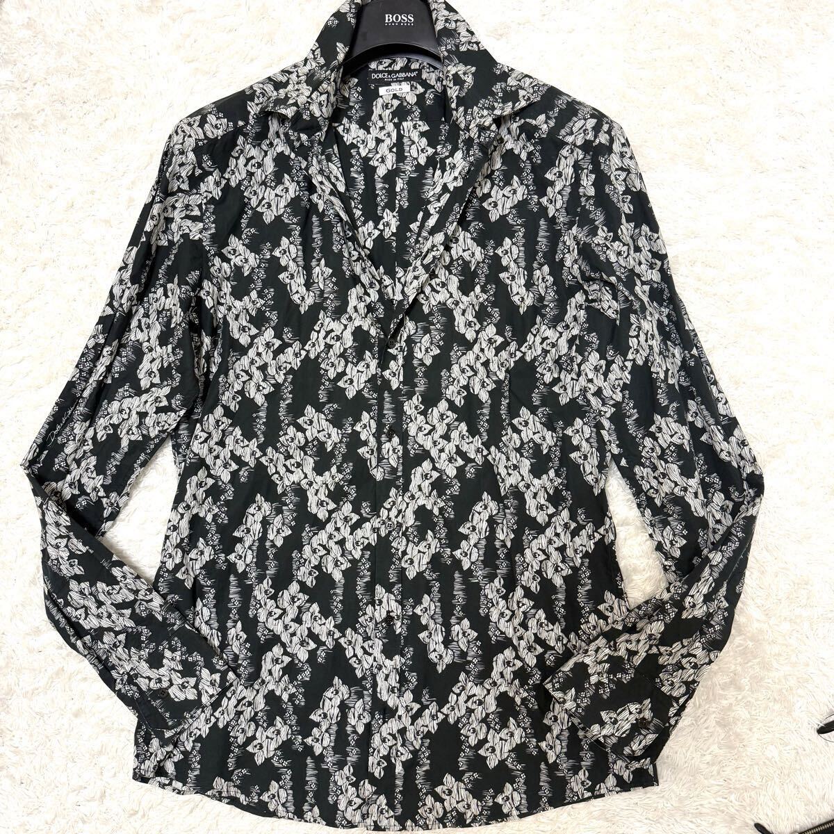 極美品 XL〜XXL ドルチェ&ガッバーナ 長袖 シャツ 花柄 フラワー ボタニカル 総柄 大きいサイズ ドルガバ D&G DOLCE & GABBNA ブラック拍卖