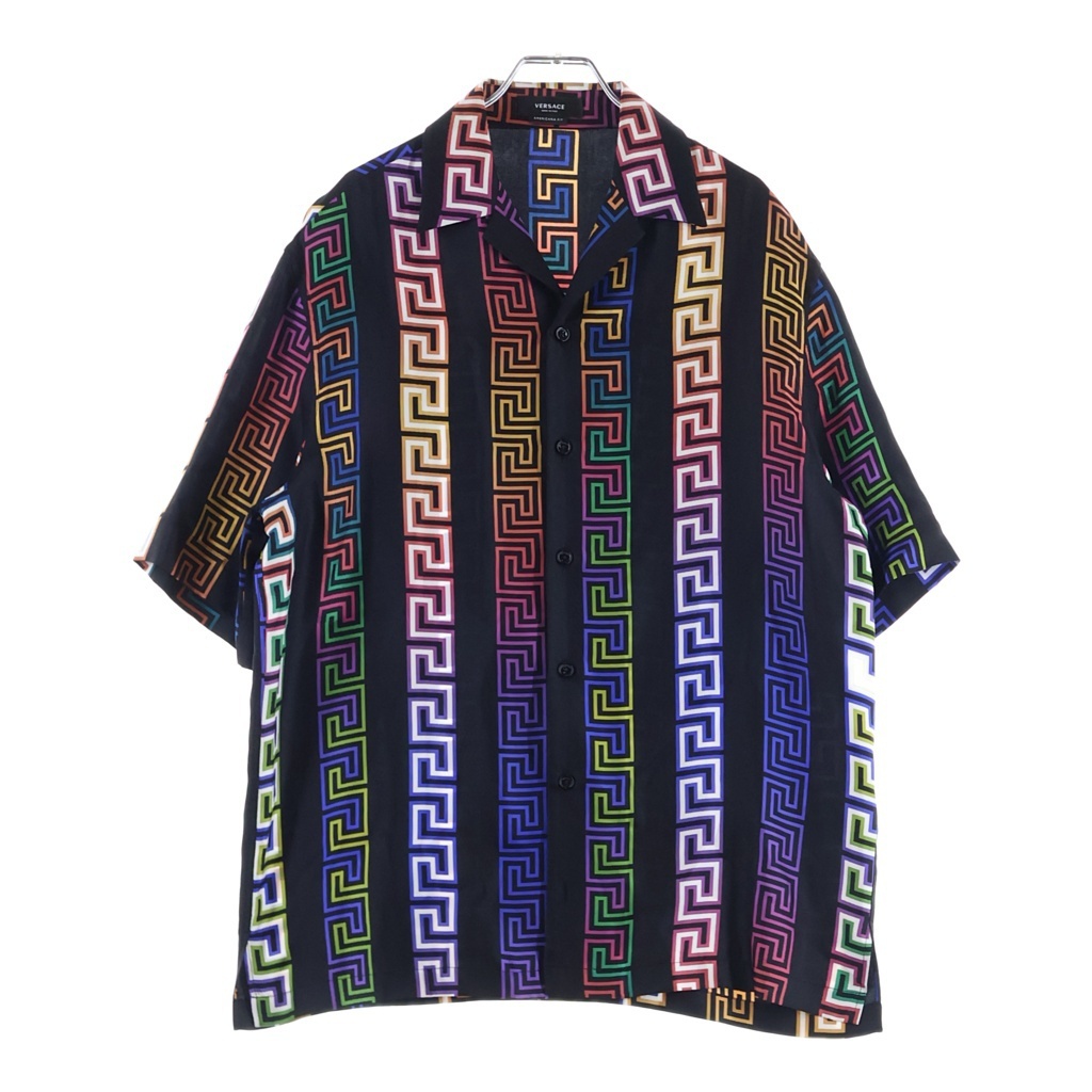VERSACE ヴェルサーチ Greca Neon Silk Shirt グレカネオン シルク 半袖シャツ 総柄 ブラック A85919拍卖