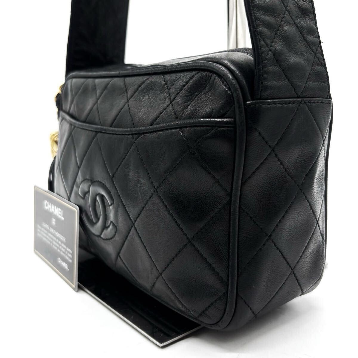 1円【最高級品】 CHANEL シャネル ラムスキン ココマーク ショルダーバッグ ポシェット キルティング 革 ブラック 黒 フリンジ 男女兼用拍卖