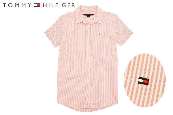 E-0573★送料無料★美品★TOMMY HILFIGER トミーヒルフィガー★胸ロゴ刺繍 ピンク ストライプ柄 半袖 ドレス シャツ S拍卖
