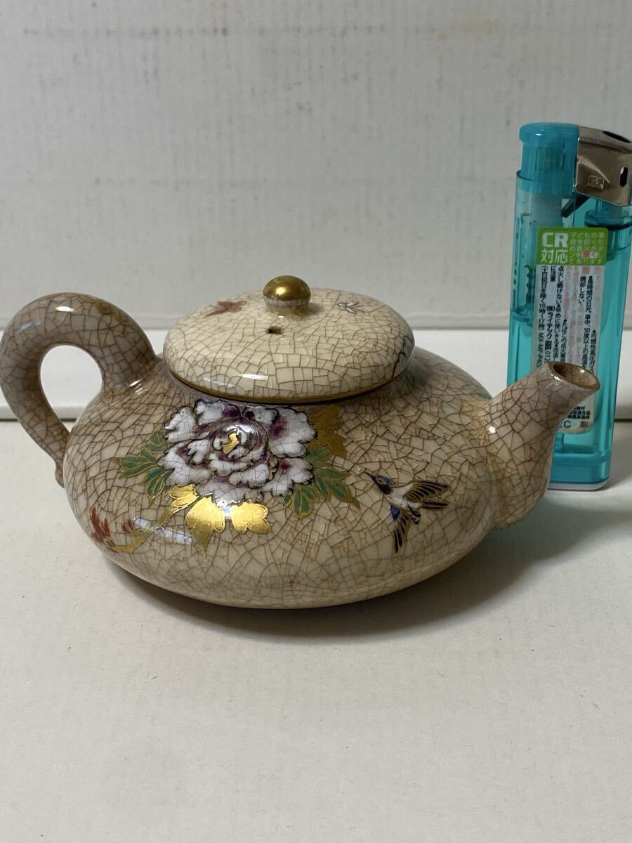 薩摩焼 色絵金彩 牡丹花鳥文 後手急須 白薩摩 貫入 茶器 煎茶道具 時代物 骨董品 古美術 薩摩焼拍卖