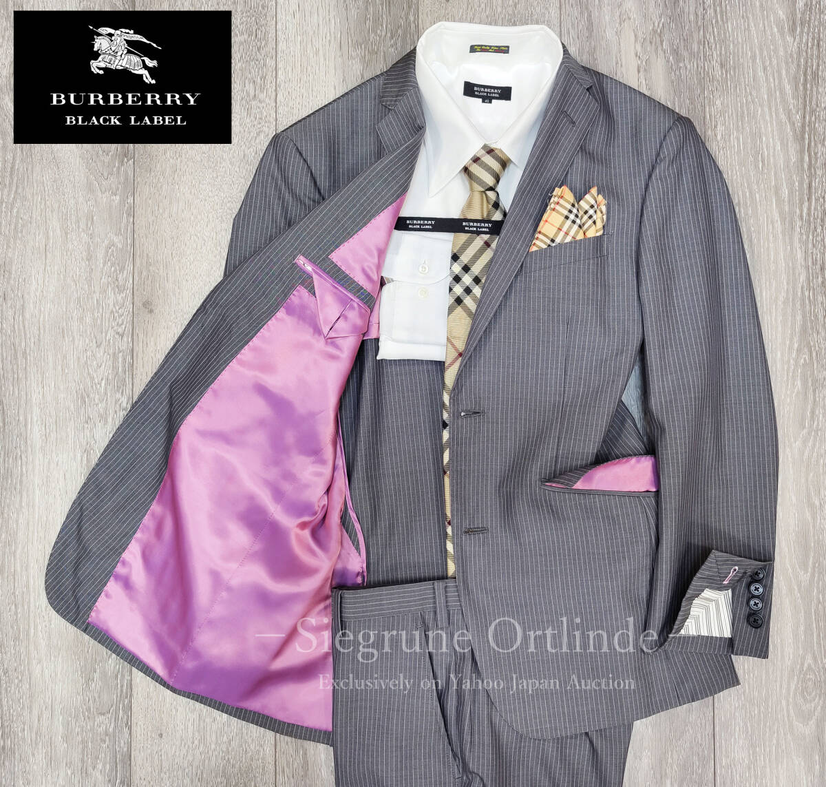 【極上美品】バーバリー ブラックレーベル 本切羽 シルク混 PINK×PINK ピンクストライブ柄 スーツ 90-74-165 36R (Sサイズ) BLACK LABEL拍卖