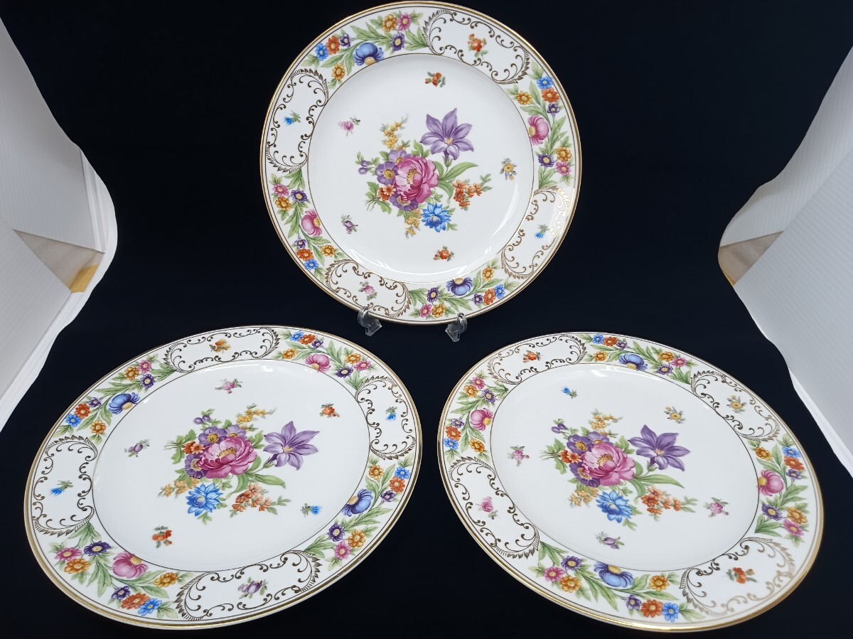 【美品】Dresden Style Royal ドレスデンスタイル ロイヤル ディナープレート 3枚セット ヴィンテージ 花柄 金彩 ドイツ製拍卖