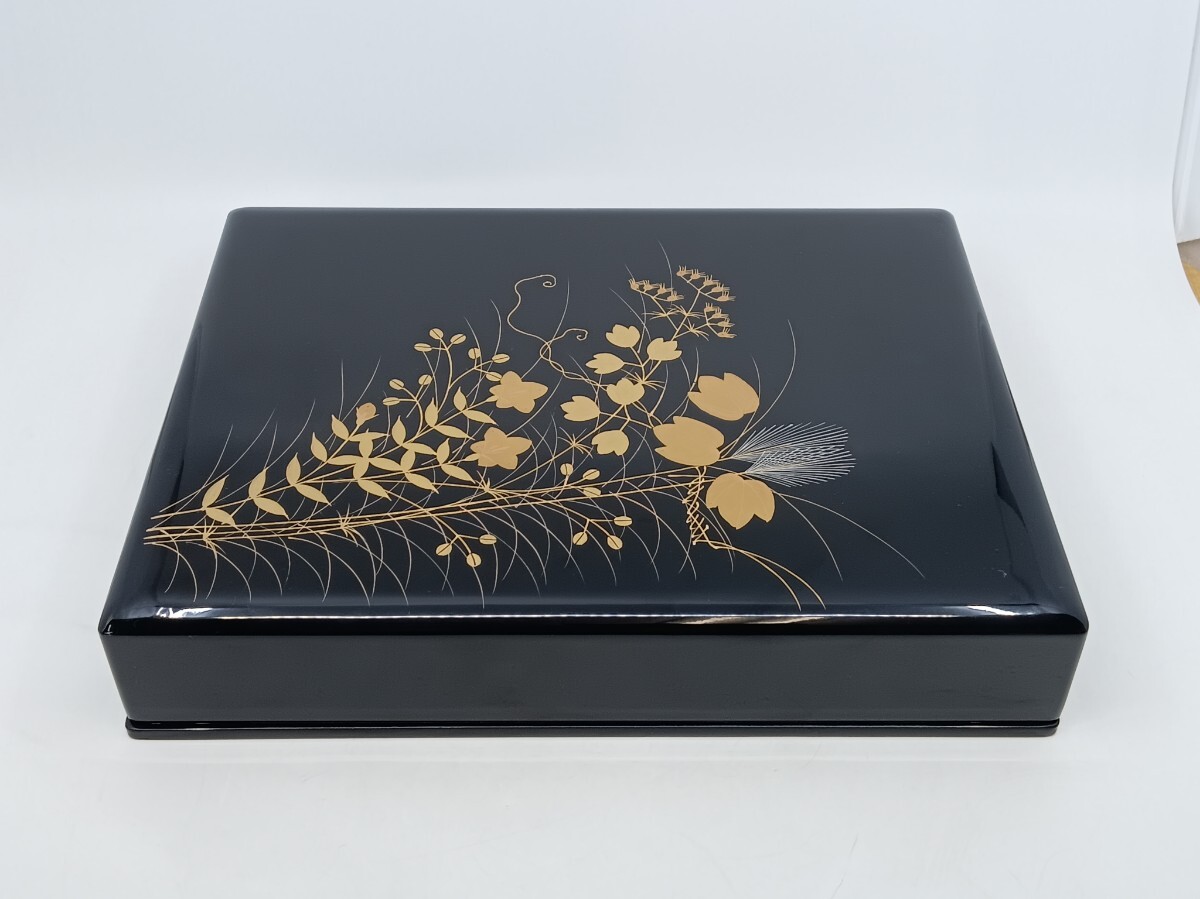 【美品】秋草蒔絵 文箱 書類箱 漆芸 漆器 黒塗 金彩 小物入れ拍卖