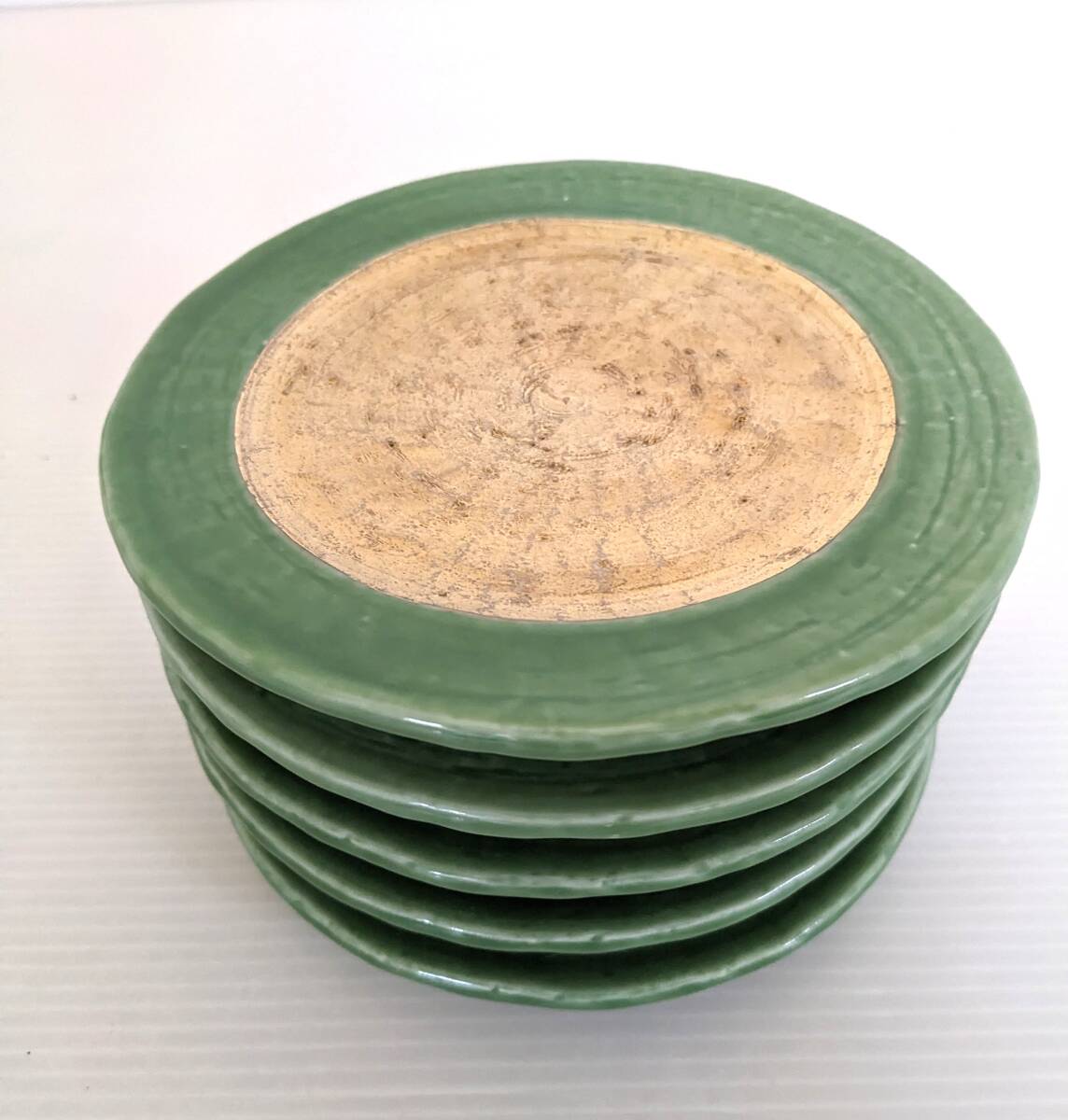 和食器 皿 5枚セット 緑釉 プレート 中皿 17cm 陶器 焼物 角印 在銘 民芸風 和皿 食器 グリーン 0603702拍卖