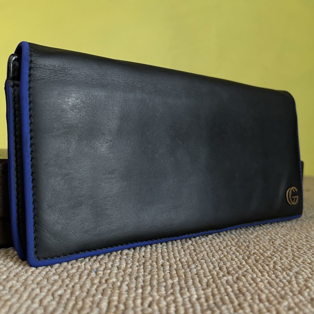 一円 美品 GUCCI グッチ ロングウォレット ウォレット ブラック マーモント シェリーライン 二つ折り 長財布 財布 黒 二つ折り拍卖
