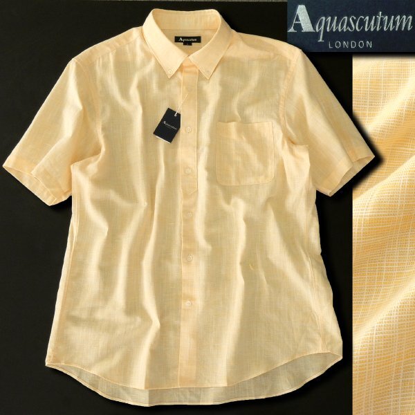 新品 3.1万 アクアスキュータム 日本製 リネン混 半袖 シャツ 3L 黄 【I42489】 春夏 盛夏 サマーシャツ ボイル生地 大きいサイズ拍卖