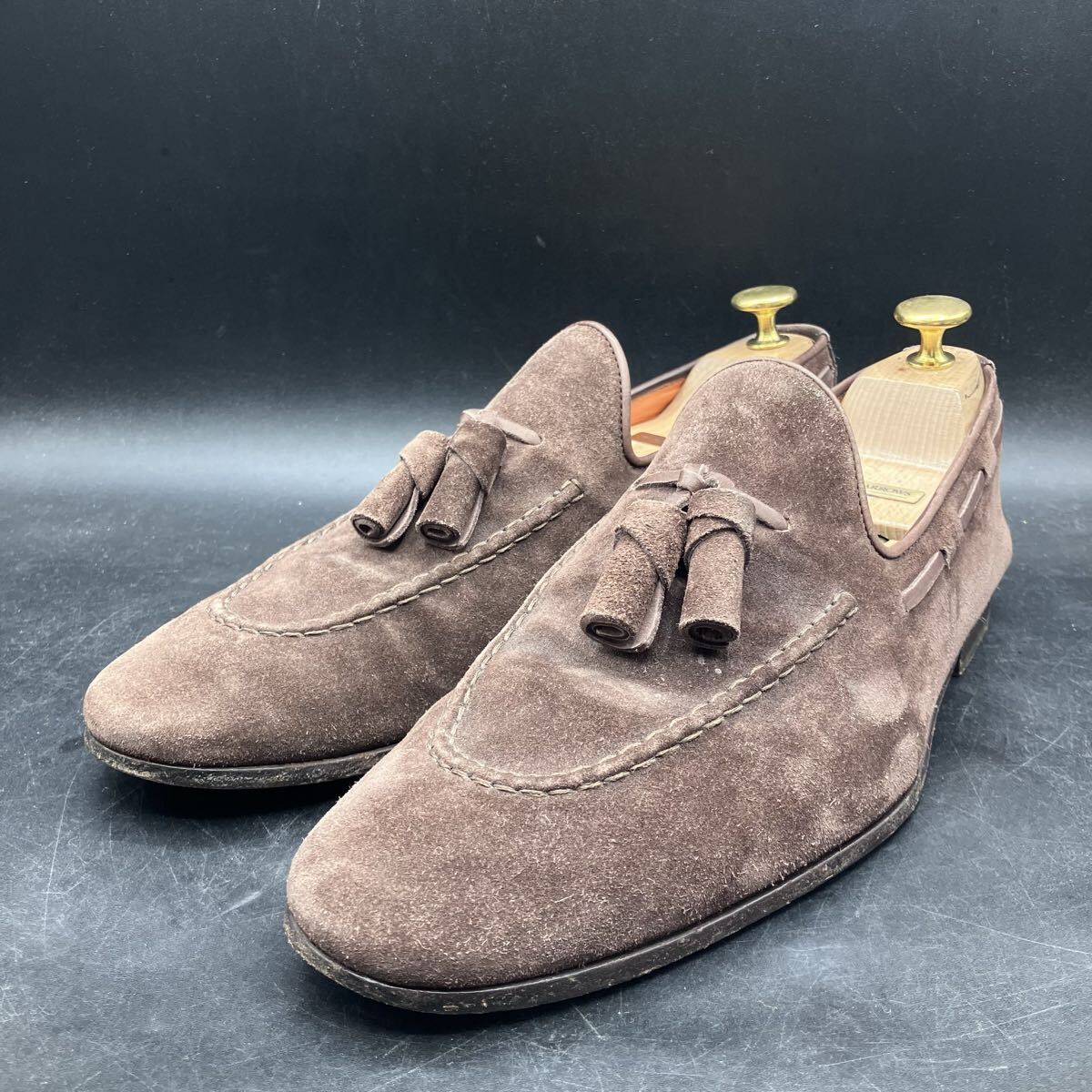 6M5793 Santoni × BEAMS F サントーニ ビームス スエードレザー タッセルローファー メンズ 6.5/24.5〜25.0cm相当 ブラウン 茶拍卖