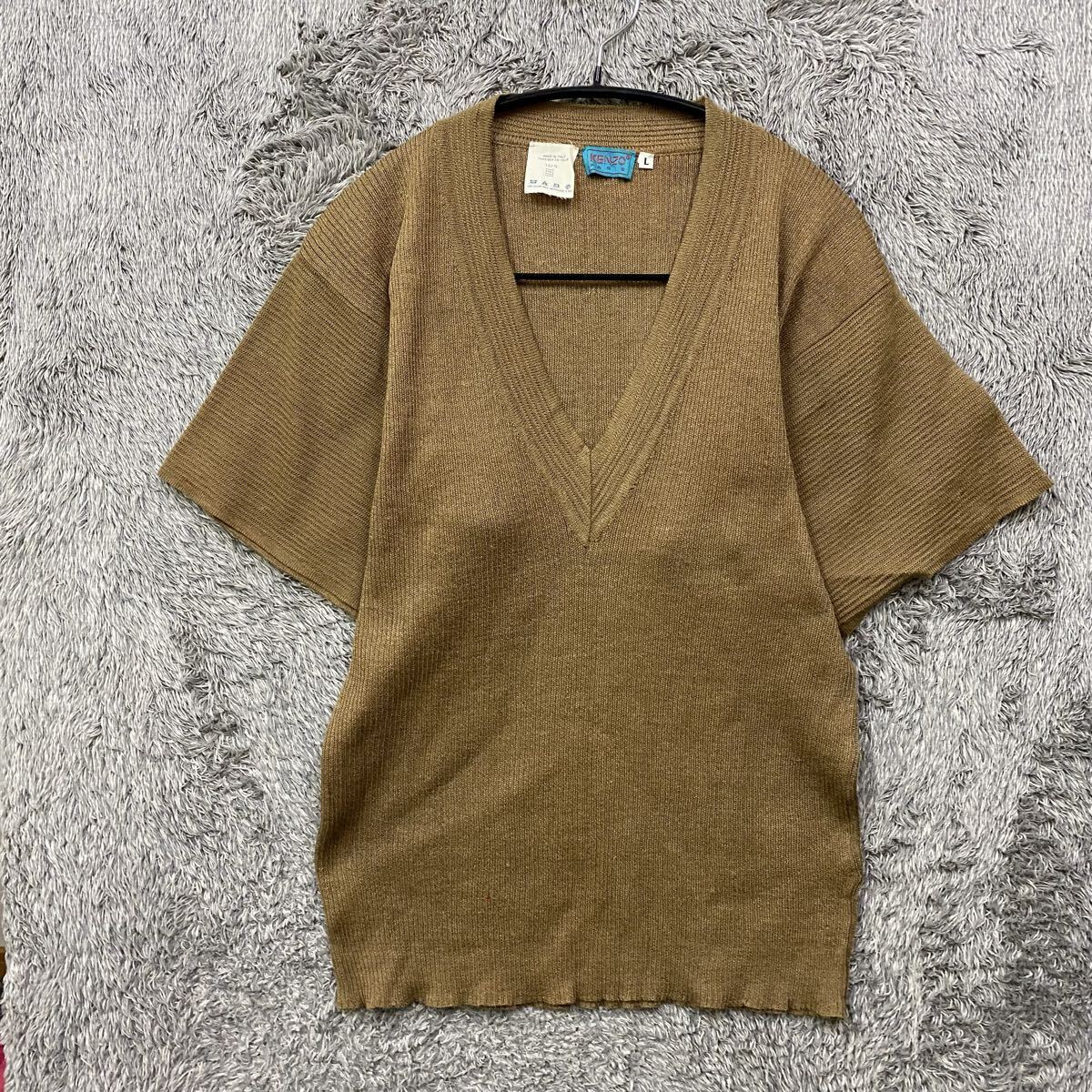 【G白】KENZO PARIS ケンゾーパリス 半袖ニット カットソー サイズL ブラウン ラミー100% Vネック イタリア製 メンズ トップス 最落なし拍卖