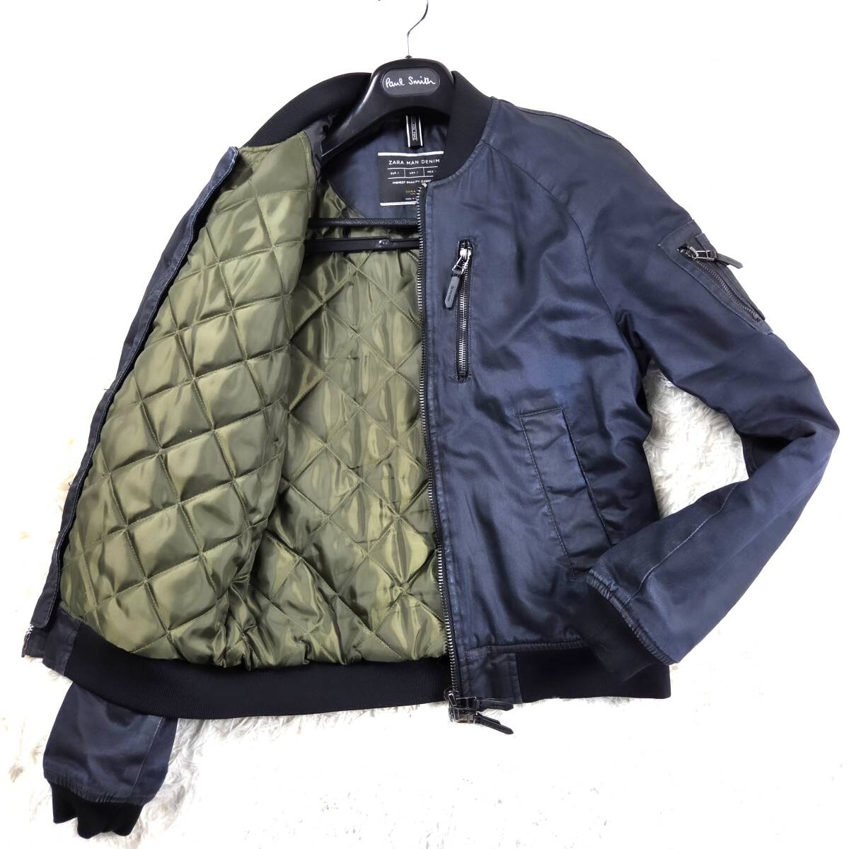 極上美品ZARA MANスタジャンL~Mシングルライダース ウォッシュドインディゴブルーデニムEUSスタジアムジャンパー ジャケット大きいザラメン拍卖