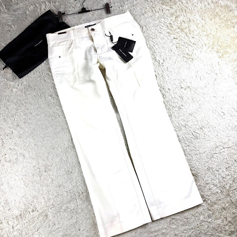 定価22万ゴールドDOLCE&GABBANAアイボリーホワイトデニムワイドパンツ金ロゴタグ金ボタンXL.LL~Lボトムス48ドルガバ白ドルチェ&ガッバーナ拍卖