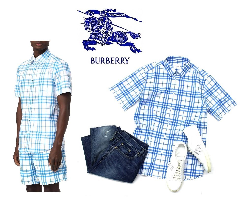 ●14万新品◆M◆BURBERRYバーバリー◆英国風タータンチェック柄 半袖クラヴァードンシャツ スカイブルー青×白 1円拍卖