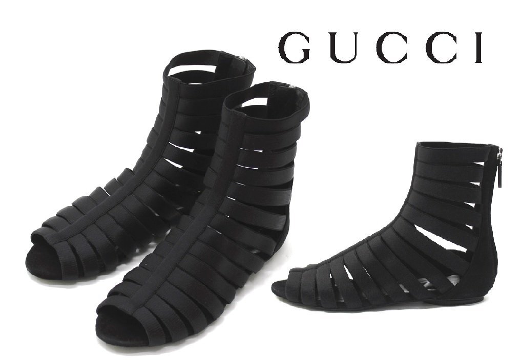 ●20万新品◆36H=23.5cm◆GUCCI グッチ オープントゥ グラディエーターブーツ デザインサンダル黒 1円拍卖