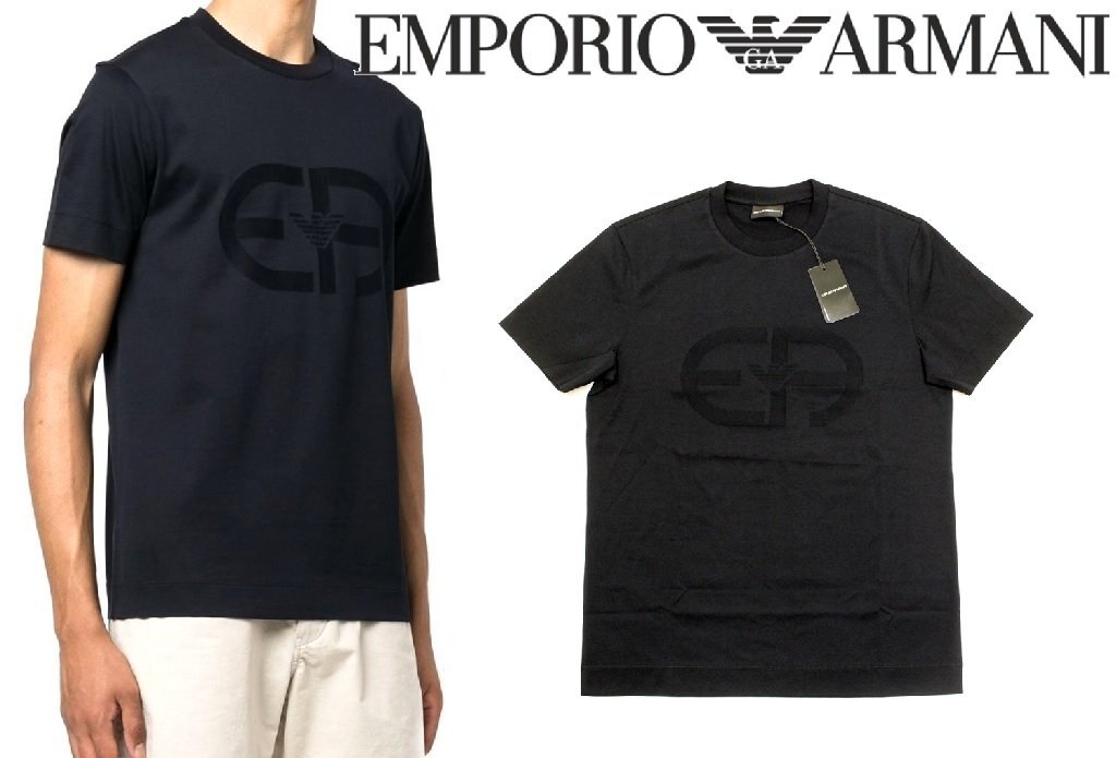 ●4万新品◆L◆EMPORIO アルマーニ イーグルモチーフEA同色ロゴ ストレッチコットン クルーネックシンプルTシャツ 紺 1円拍卖