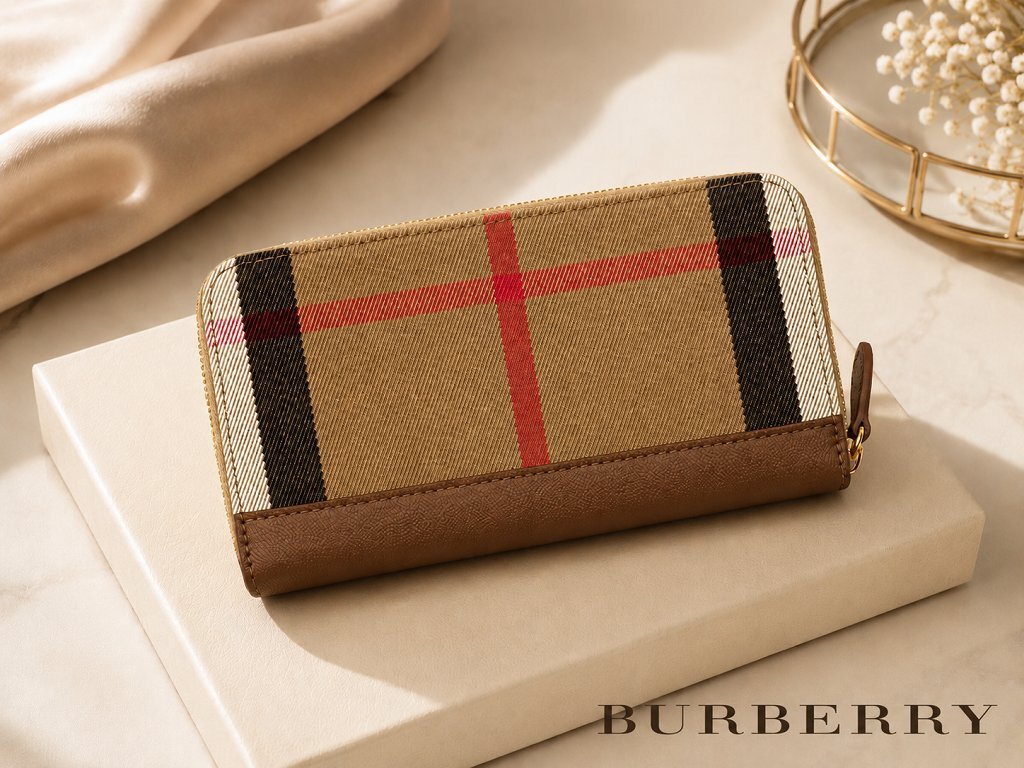 16万新品◆BURBERRYバーバリーチェック柄 キャンバス×レザー ラウンドジップ長財布 ブラウン茶 1円拍卖