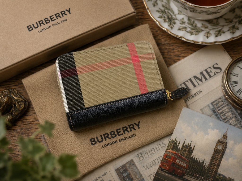 12万新品◆BURBERRYバーバリーチェック柄 キャンバス×レザー ラウンドジップコンパクト財布 ブラウン茶×ブラック黒 1円拍卖