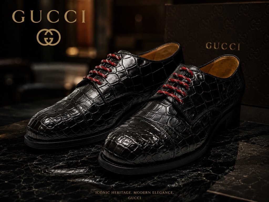 ●110万新品◆7H=26.5cm◆GUCCI グッチ クロコレザー オックスフォードレースアップシューズ 黒ブラック 1円拍卖