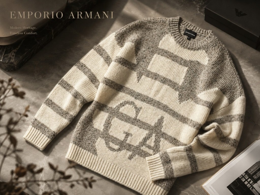 ●9万新品◆L◆EMPORIO ARMANI アルマーニ◆ウール混紡インターシャモチーフ イーグル柄クルーネックニットセーター 薄茶ベージュ 1円拍卖