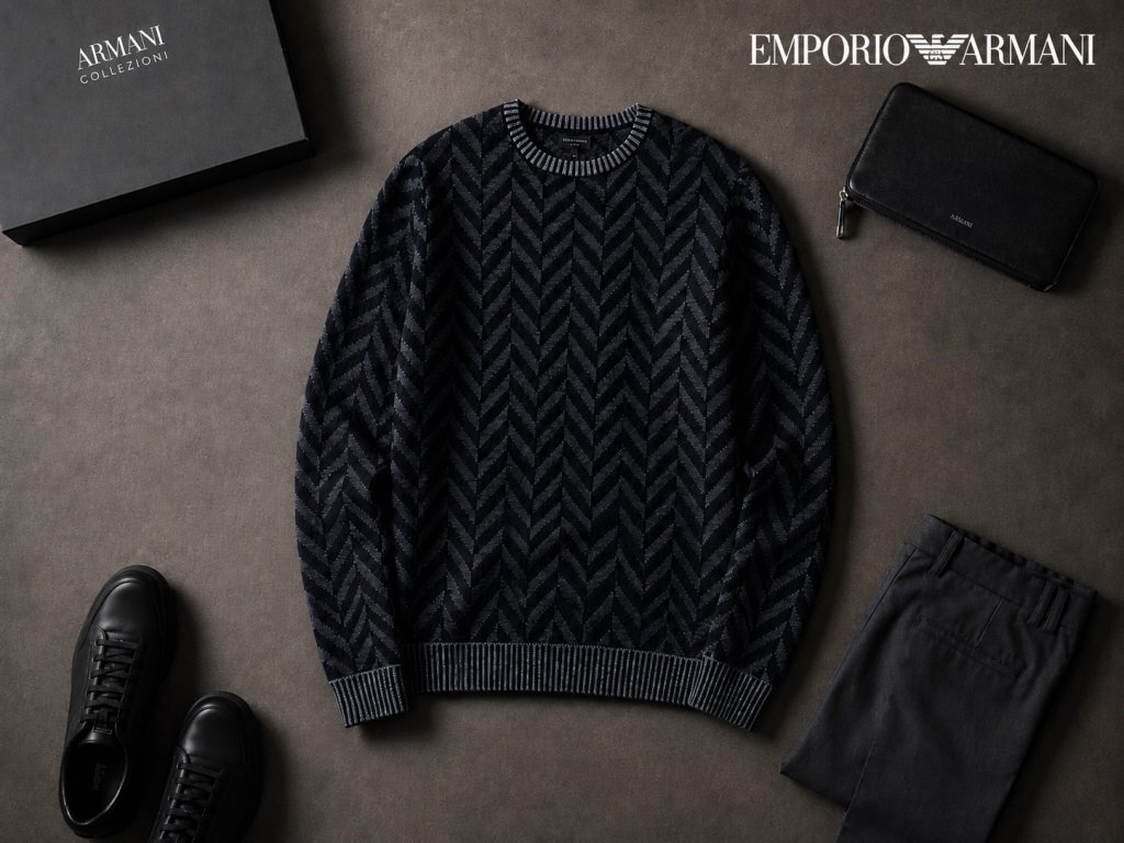 ●10万新品◆XXL◆EMPORIO ARMANI アルマーニ◆ウール100% ジャガード織シェブロン柄クルーネックニットセーター 紺 1円拍卖