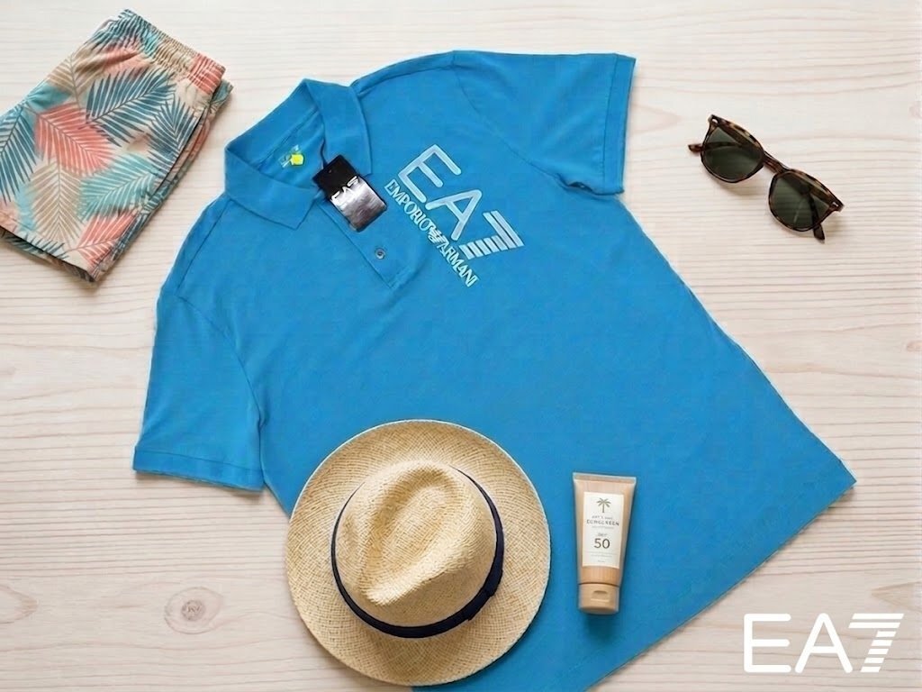 4万新品◆L◆【EMPORIOアルマーニ EA7】Tシャツ地ストレッチ ロゴ入りポロシャツ ブルー青 1円拍卖